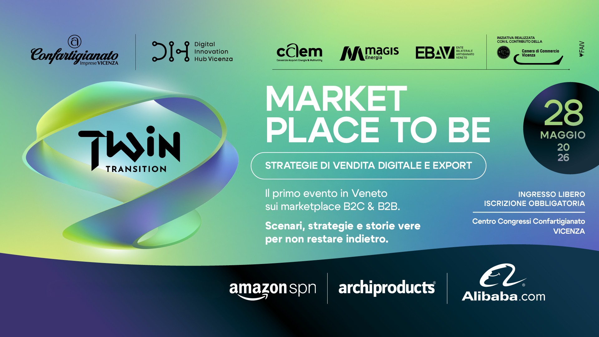 Locandina dell’evento Market Place To Be del 28 maggio 2026 a Vicenza, dedicato a marketplace B2B e B2C, strategie di vendita digitale ed export.