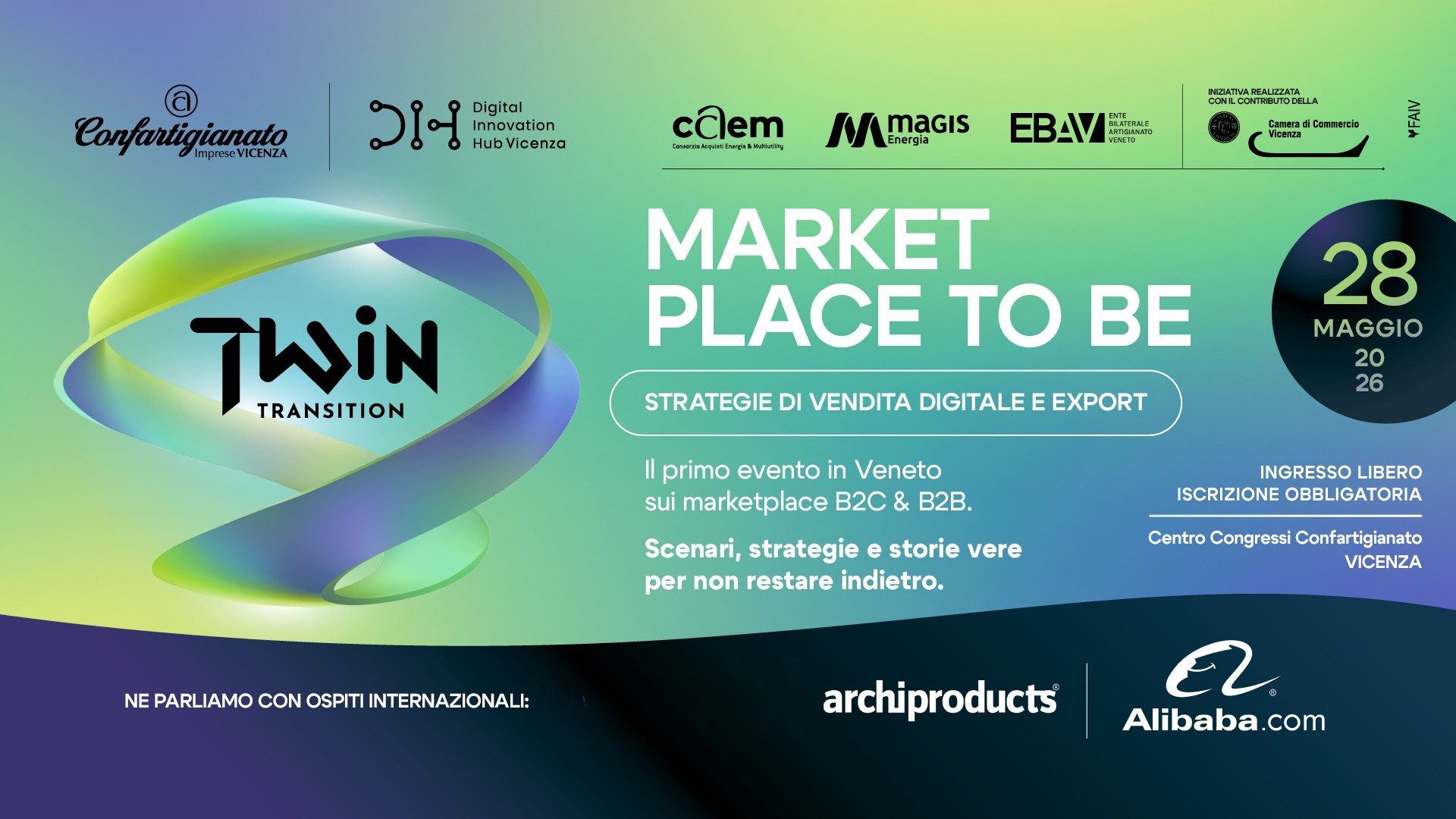 Locandina dell’evento Market Place To Be del 28 maggio 2026 a Vicenza, dedicato a marketplace B2B e B2C, strategie di vendita digitale ed export.